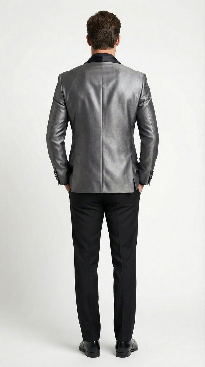 Mens Shiny Charcoal Grey Blazer Sharkskin Dinner Jacket Shawl Collar
