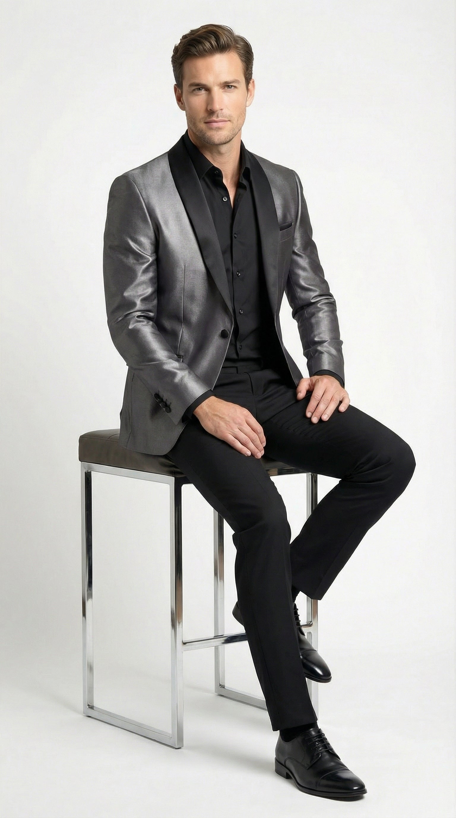 Mens Shiny Charcoal Grey Blazer Sharkskin Dinner Jacket Shawl Collar