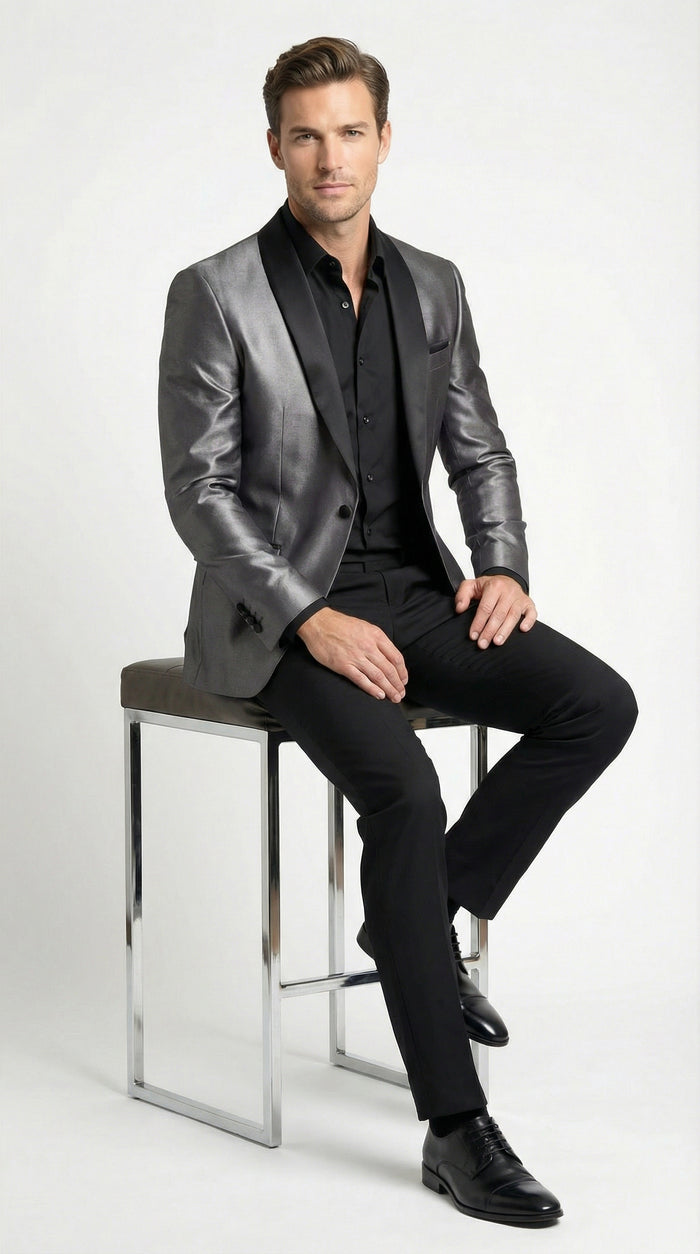 Mens Shiny Charcoal Grey Blazer Sharkskin Dinner Jacket Shawl Collar