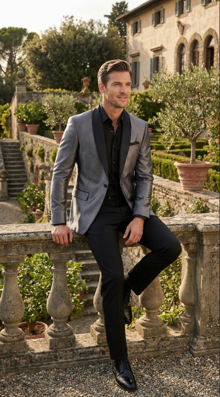 Mens Shiny Charcoal Grey Blazer Sharkskin Dinner Jacket Shawl Collar