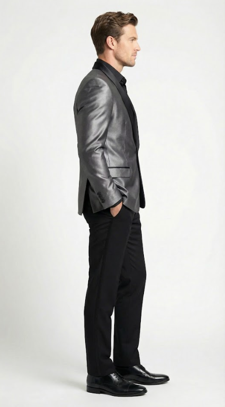 Mens Shiny Charcoal Grey Blazer Sharkskin Dinner Jacket Shawl Collar