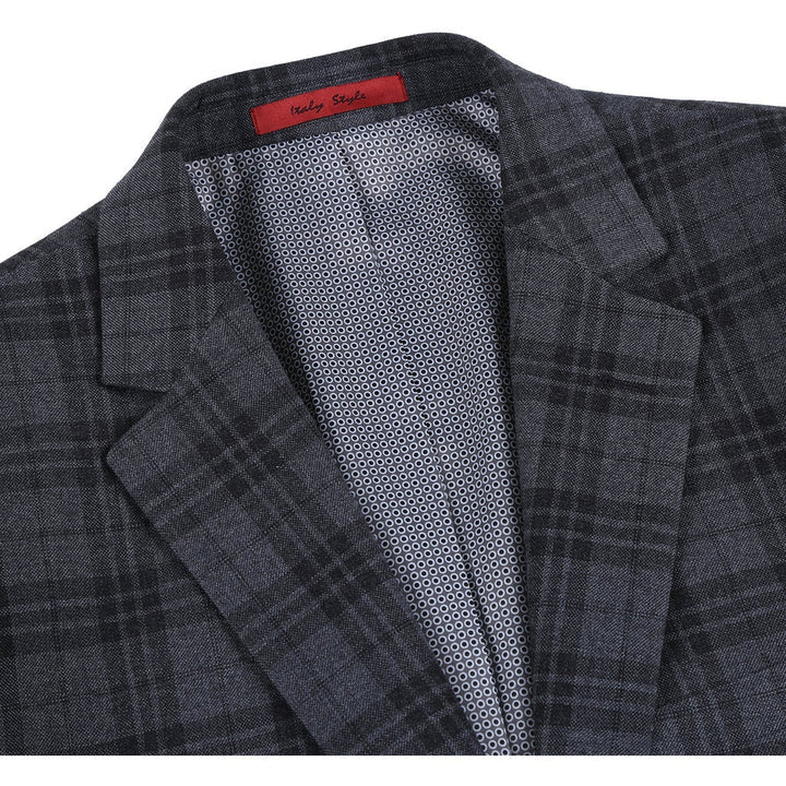 Cheap Suit - Mens Two Button Slim Fit Two Piece Hack Pocket Stretch Charcoal Grey Suit  Windowpane Plaid