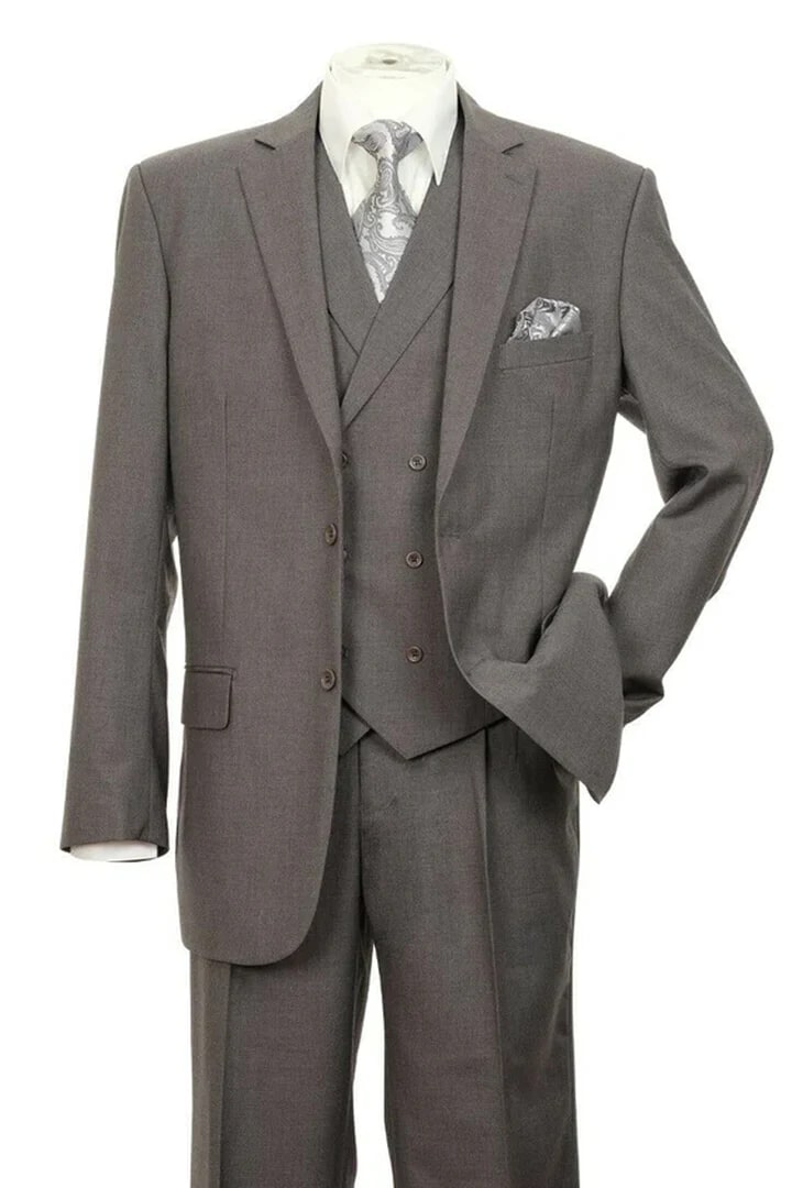 Cheap Suit - Mens 2 Button Pleated Pant Suit In Charcoal Grey With Double Breasted Vest