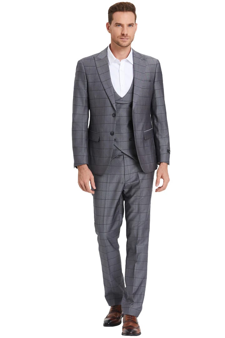 Cheap priced Suit - Men's Two Button Vested Peak Lapel Sharkskin  Charcoal Grey Suit  Windowpane Plaid - 38 Short Jacket+32 Waist Adjustable 28to34)(Height: 5 4 to5 7 )(Neck  15-16.5)S-M)
