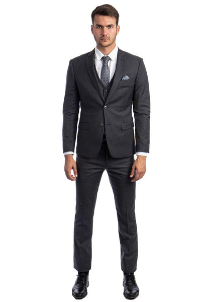 Cheap Priced Suit - Men's Two Button Slim Fit Vested Solid Basic Color Charcoal Grey Suit