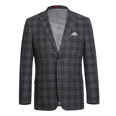 Cheap priced Suit- Mens Two Button Slim Fit Two Piece Hack Pocket Stretch Charcoal Grey Suit  Windowpane Plaid