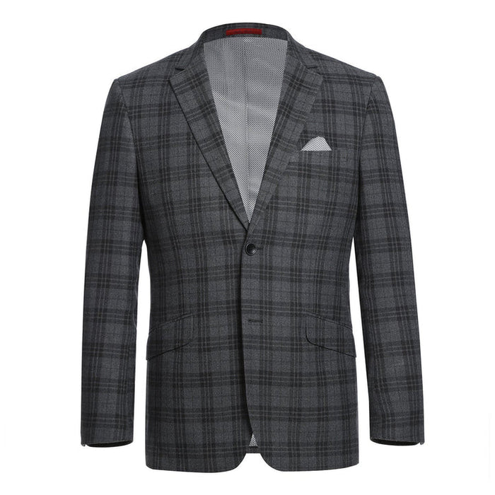 Cheap priced Suit- Mens Two Button Slim Fit Two Piece Hack Pocket Stretch Charcoal Grey Suit  Windowpane Plaid
