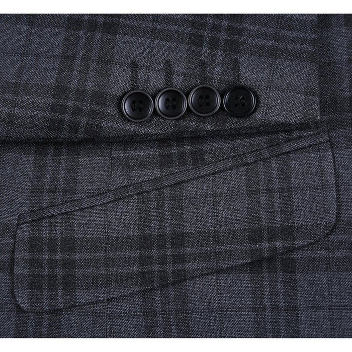 Cheap priced Suit- Mens Two Button Slim Fit Two Piece Hack Pocket Stretch Charcoal Grey Suit  Windowpane Plaid
