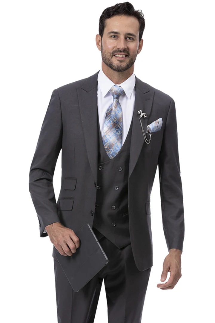 Cheap priced Suit  - Mens Modern Two Button Vested Peak Lapel Charcoal Suit With Double Breasted Vest