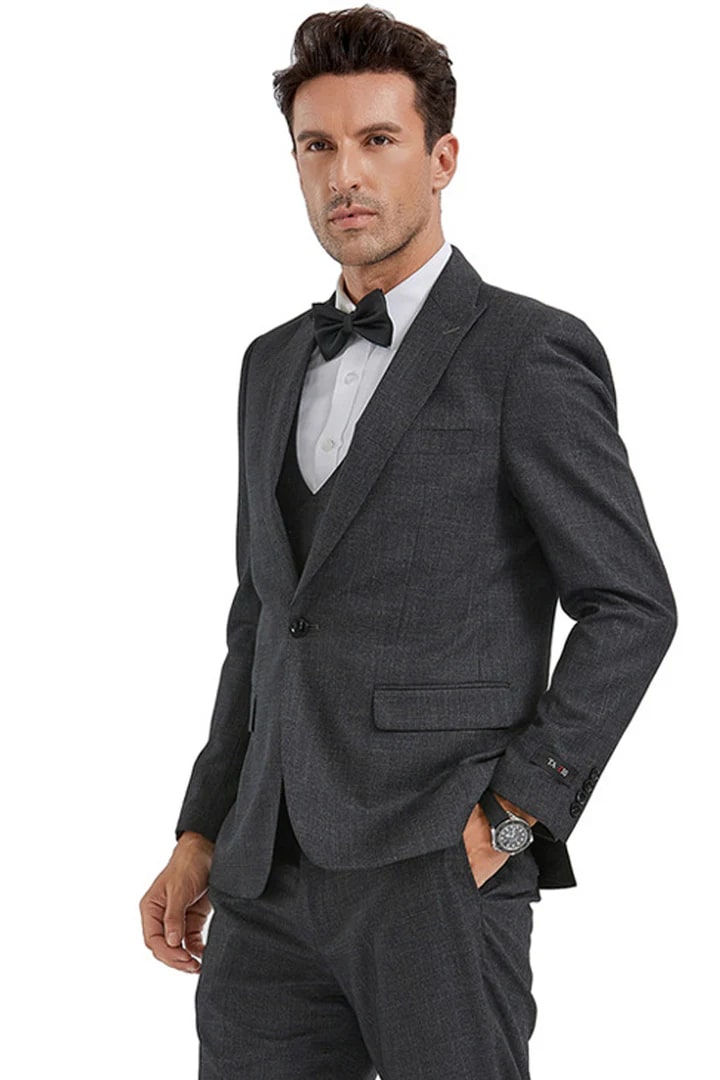Cheap priced Suit  - Men's Slim Fit One Button Peak Lapel Double Breasted Vest  Charcoal Sharkskin