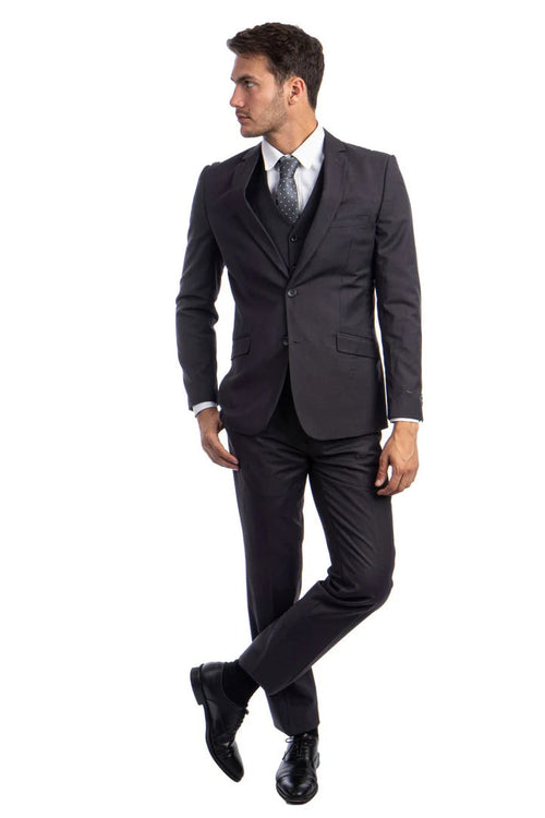 Cheap Priced Suit - Men's Two Button Basic Hybrid Fit Vested Charcoal Suit