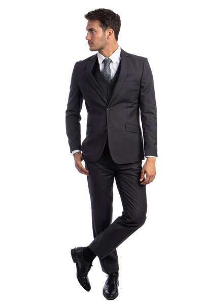 Cheap Priced Suit - Men's Two Button Basic Hybrid Fit Vested Charcoal Suit
