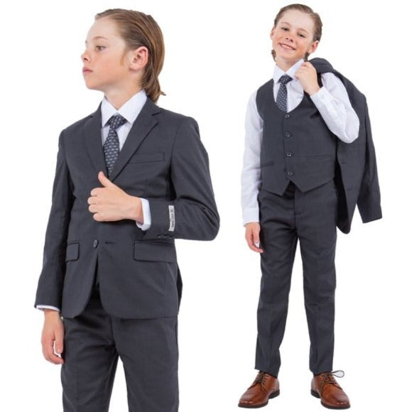 Exclusive Stacy Adams 5pc Boys Suit Solid Slim Fit, Charcoal Grey - Boy Size : 4 (Weight 38 to 49)