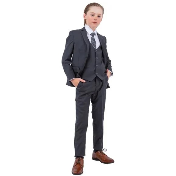 Exclusive Stacy Adams 5pc Boys Suit Solid Slim Fit, Charcoal Grey - Boy Size : 4 (Weight 38 to 49)