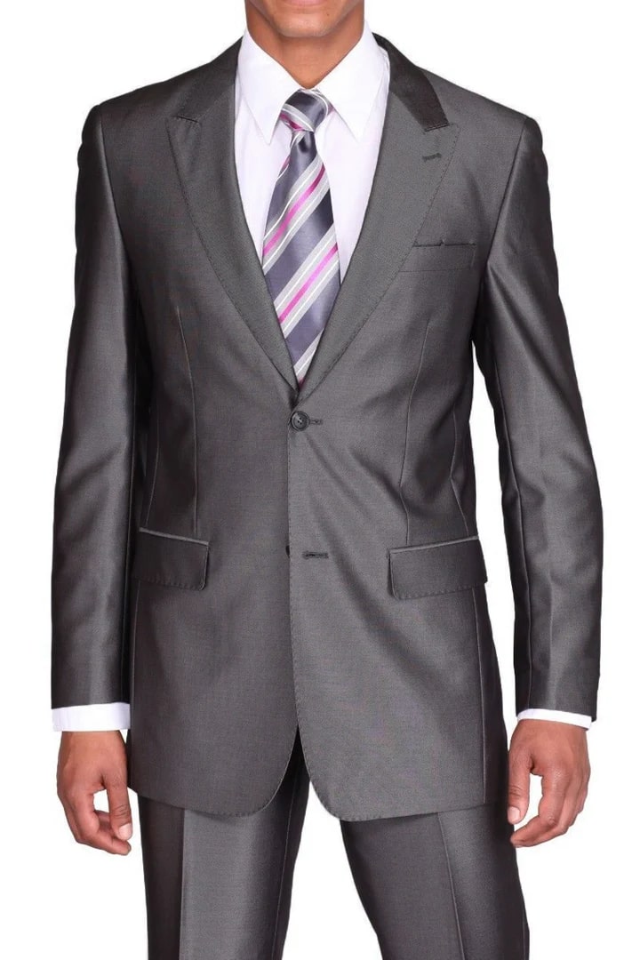 Cheap Priced Suit -Mens 2 Button Slim Fit Peak Lapel Shiny Sharkskin Charcoal Grey Suit - 38 Short Jacket+32 Waist Adjustable 28to34)(Height: 5 4 to5 7 )(Neck  15-16.5)S-M)