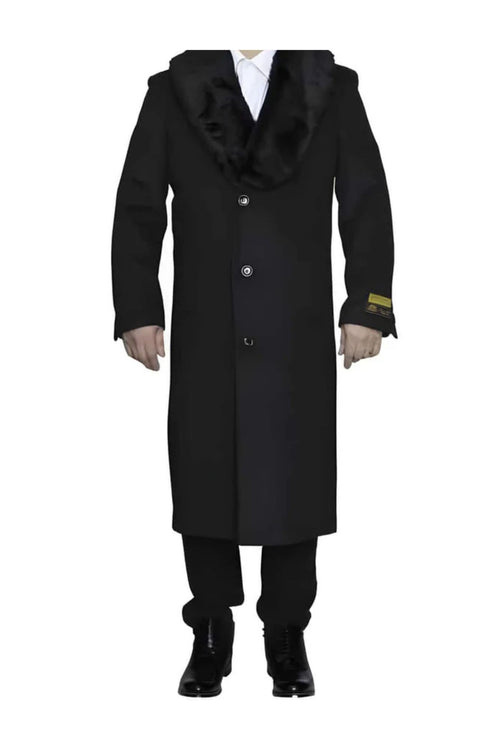 Removable Fur Collar Dark Charcoal Grey Ankle length Wool Dress Top Coat/Overcoat - Mens Overcoat