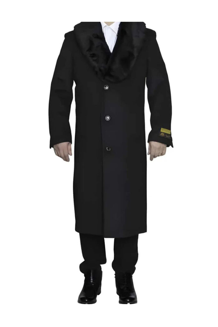 Removable Fur Collar Dark Charcoal Grey Ankle length Wool Dress Top Coat/Overcoat - Mens Overcoat