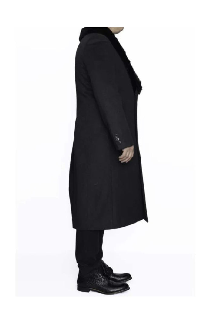 Removable Fur Collar Dark Charcoal Grey Ankle length Wool Dress Top Coat/Overcoat - Mens Overcoat