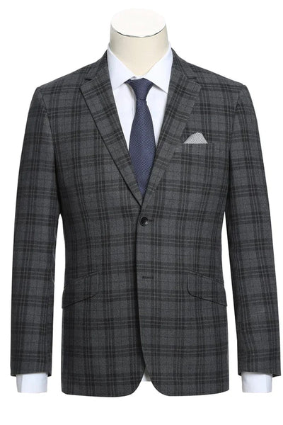 Cheap priced Suit- Mens Two Button Slim Fit Two Piece Hack Pocket Stretch Charcoal Grey Suit  Windowpane Plaid