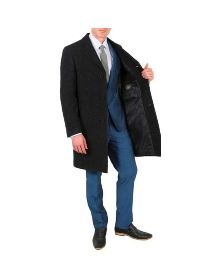 Modern Fit Poly Dark Charcoal Overcoat Wool men's Car Coat Mid Length Three quarter length coat