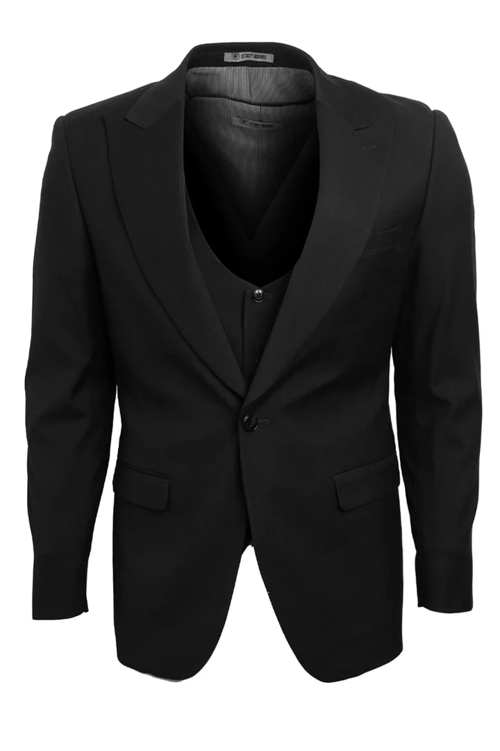 Cheap priced Suit  - Men's Vested One Button Peak Lapel Stacy Adams Charcoal Suit - 38 Short Jacket+32 Waist Adjustable 28to34)(Height: 5 4 to5 7 )(Neck  15-16.5)S-M)