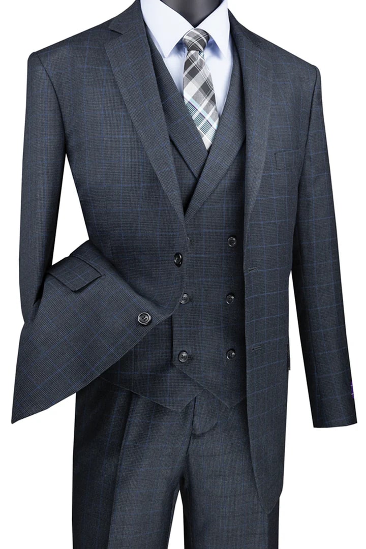 Cheap Priced Suit - Mens 2 Button Double Breasted Vest Plaid Charcoal Suit - 38 Short Jacket+32 Waist Adjustable 28to34)(Height: 5 4 to5 7 )(Neck  15-16.5)S-M)