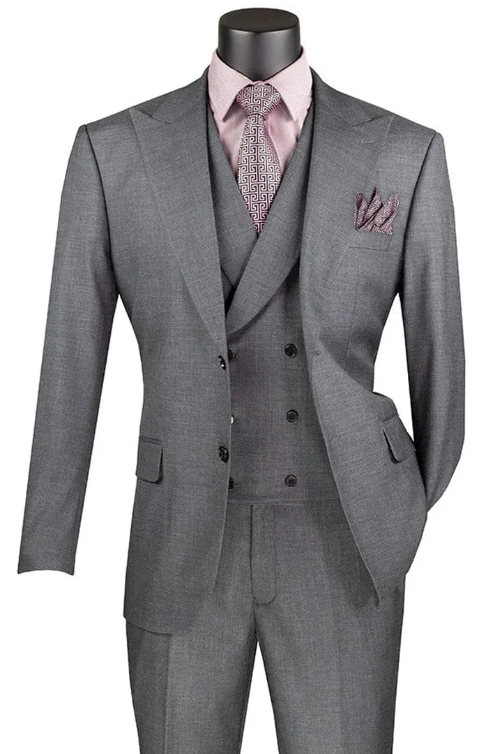 Cheap Suit - Men's Summer Sharkskin Charcoal Suit With Double Breasted Vest