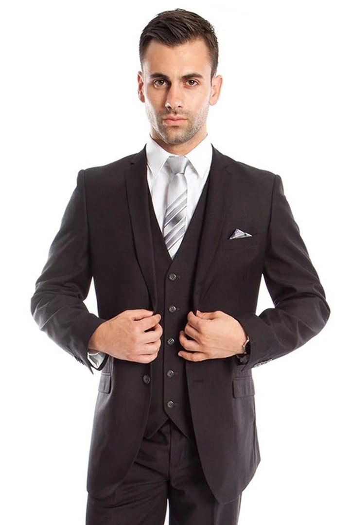 Cheap Suit - Men's Two Button Slim Fit Basic Vested Wedding Charcoal Grey Suit