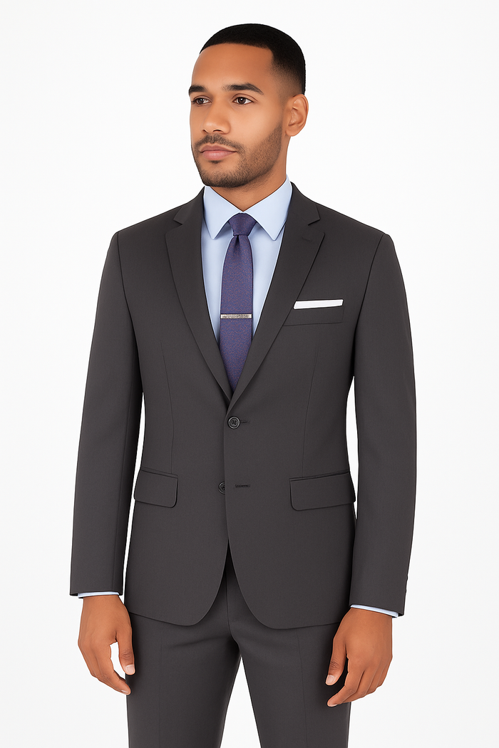 Charcoal gray stretch fabric suit for men – slim fit design
