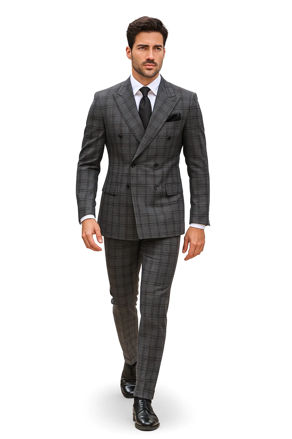 Suits With Baggy Pleated Pants - Wide Leg Pants 100% Wool - Classic Fit in Color Charcoal with Blue Plaid by Rossiman - 38 Regular