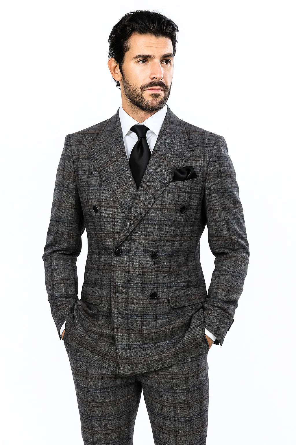 Suits With Baggy Pleated Pants - Wide Leg Pants 100% Wool - Classic Fit in Color Charcoal with Blue Plaid by Rossiman - 38 Regular