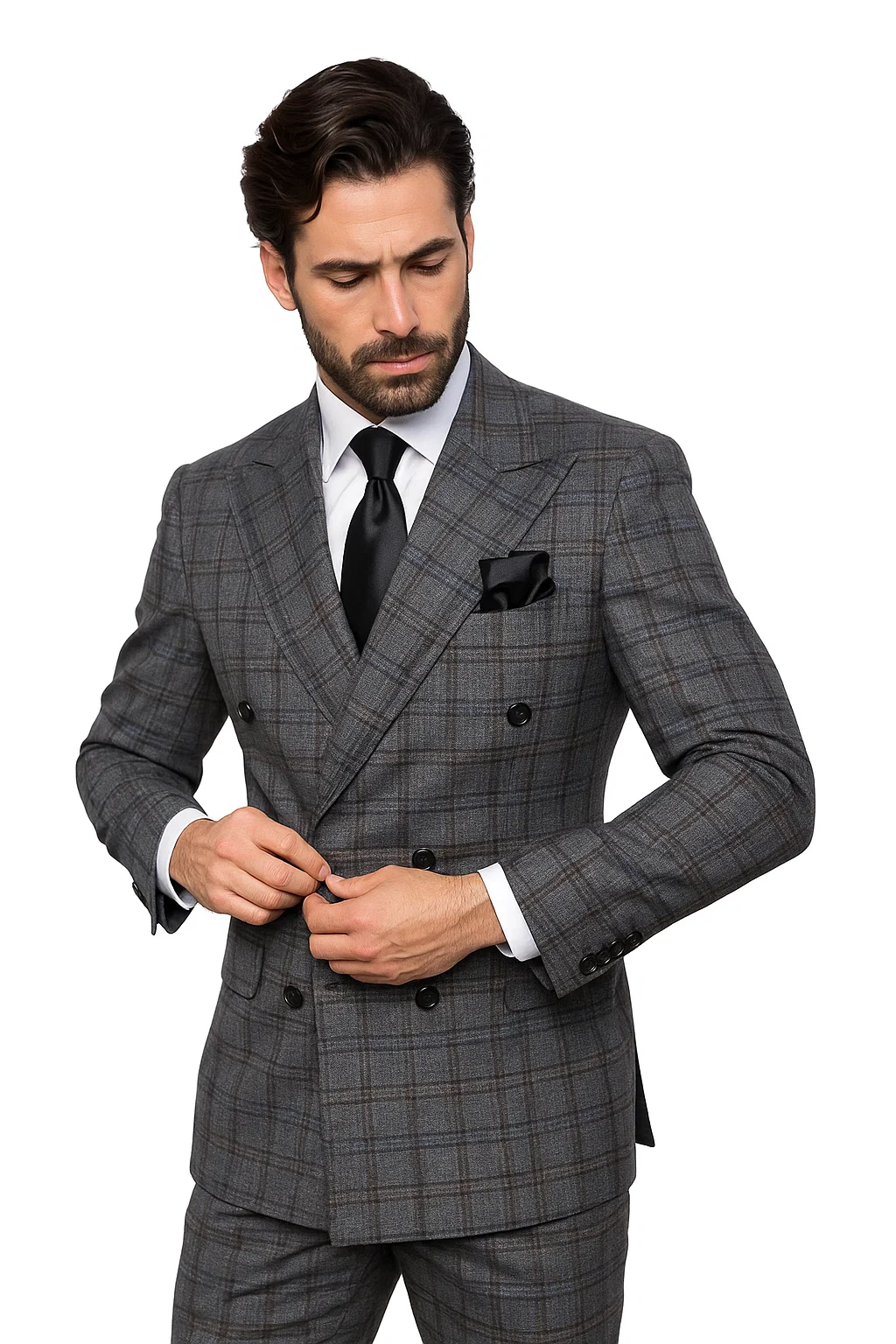 Suits With Baggy Pleated Pants - Wide Leg Pants 100% Wool - Classic Fit in Color Charcoal with Blue Plaid by Rossiman - 38 Regular