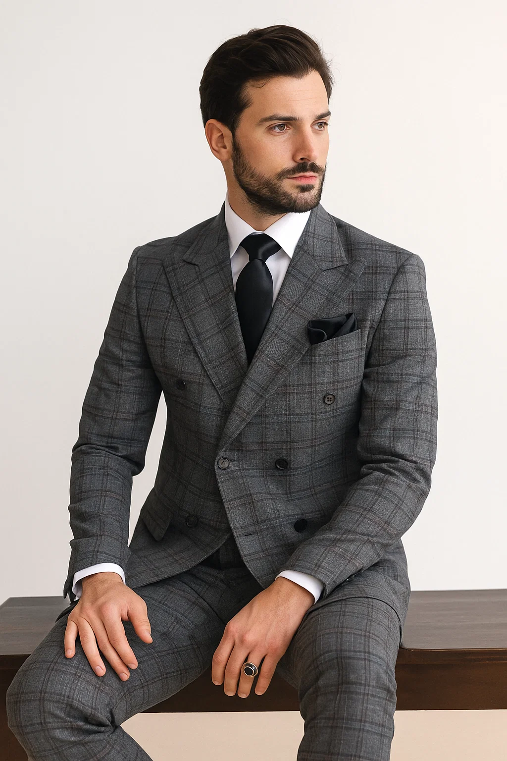 Suits With Baggy Pleated Pants - Wide Leg Pants 100% Wool - Classic Fit in Color Charcoal with Blue Plaid by Rossiman - 38 Regular