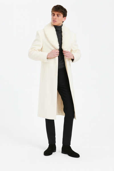 Mens Ivory Full-Length Overcoat with Luxurious Faux Fur Shawl Collar â€“ Winter Dress Coat
