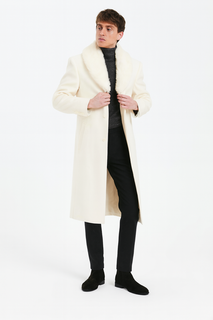 Mens Ivory - Cream - Off White Full-Length Overcoat with Luxurious Faux Fur Shawl Collar â€“ Winter Dress Coat
