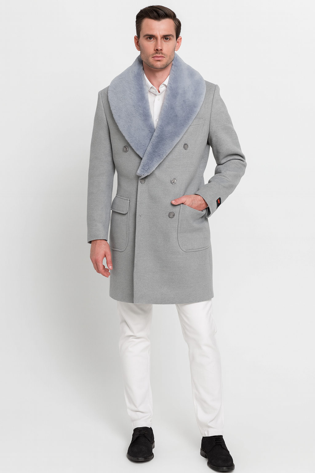 Men’s Light Grey Double Breasted Overcoat with Faux Fur Shawl Collar – Winter Luxury Coat Wool Fabric - Coat Size 36