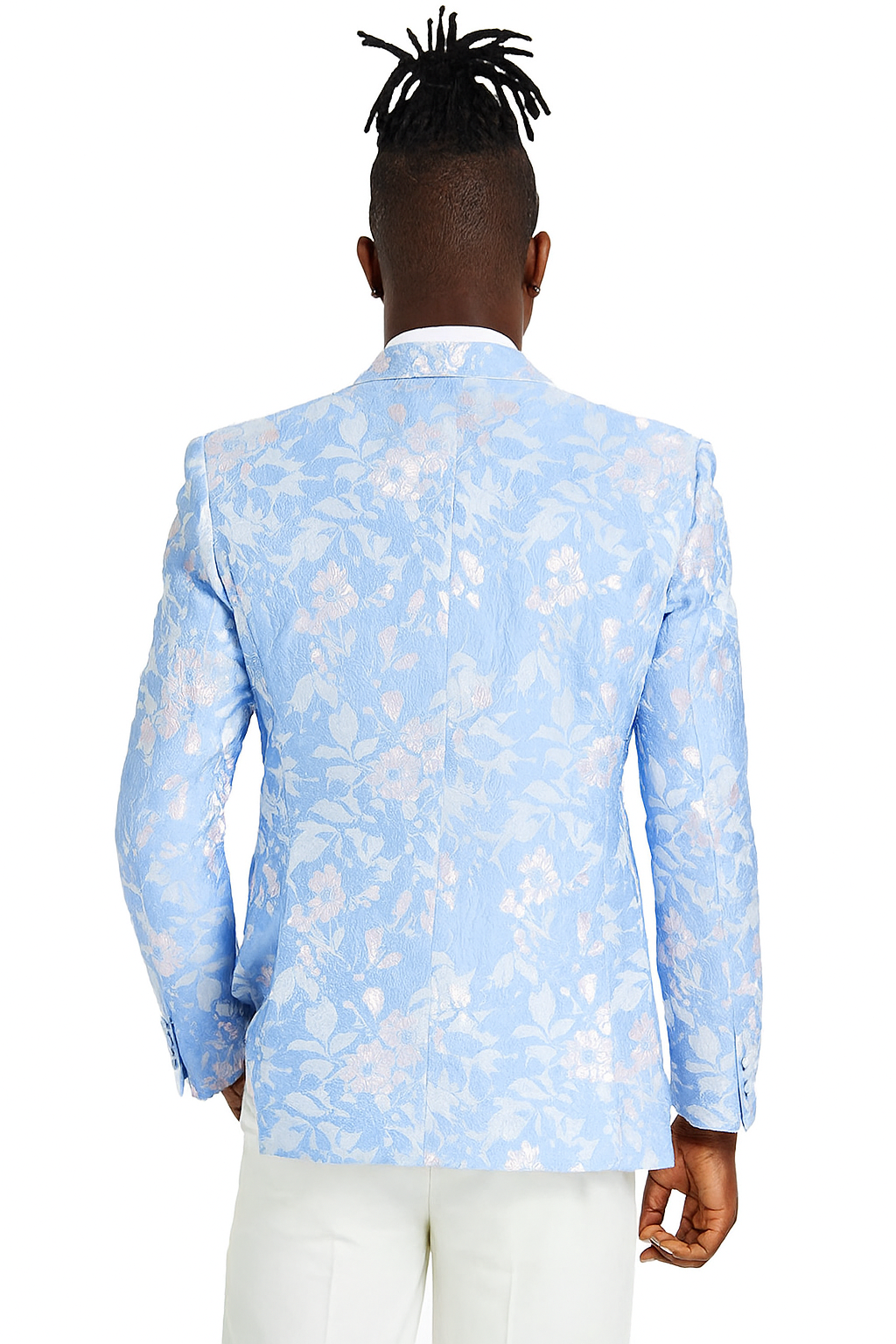 Men's slim fit sky blue & silver paisley foil print tuxedo dinner jacket for prom & wedding - Large