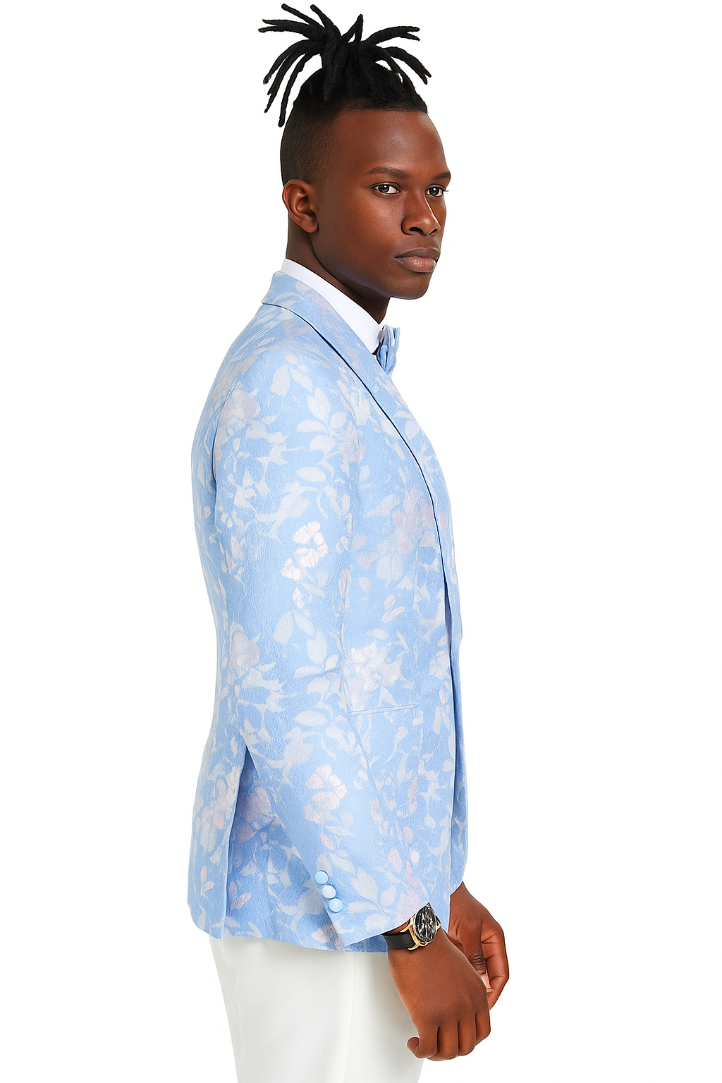 Men's slim fit sky blue & silver paisley foil print tuxedo dinner jacket for prom & wedding - Large