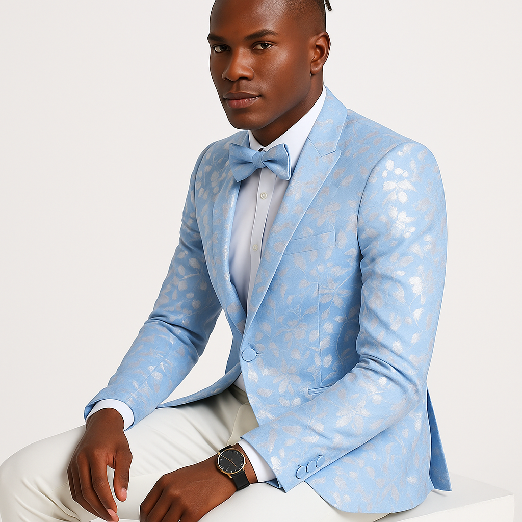 Men's slim fit sky blue & silver paisley foil print tuxedo dinner jacket for prom & wedding - Large