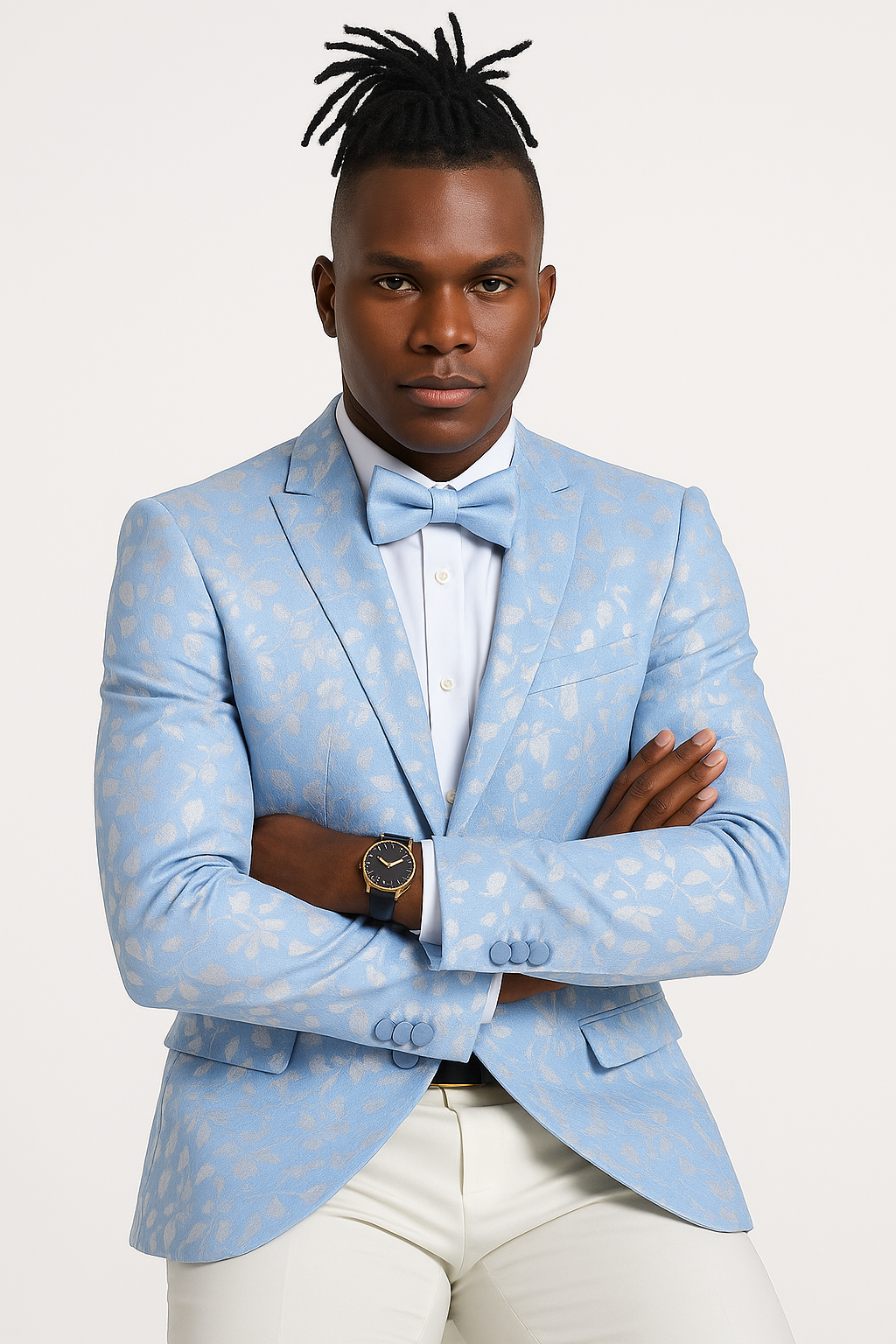Men's slim fit sky blue & silver paisley foil print tuxedo dinner jacket for prom & wedding - Large