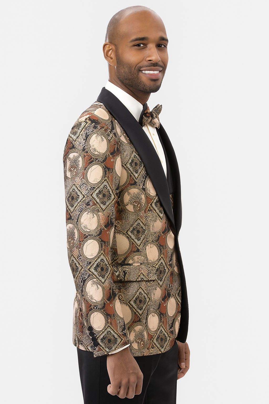 Men's Rust Geometric Pattern Tuxedo with Vest & Bowtie â€“ One Button Formal Suit - 34