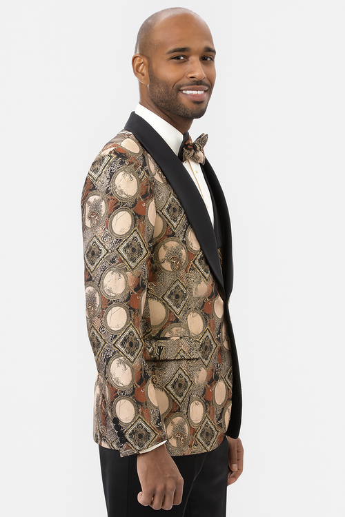 Men's Rust Geometric Pattern Tuxedo with Vest & Bowtie â€“ One Button Formal Suit