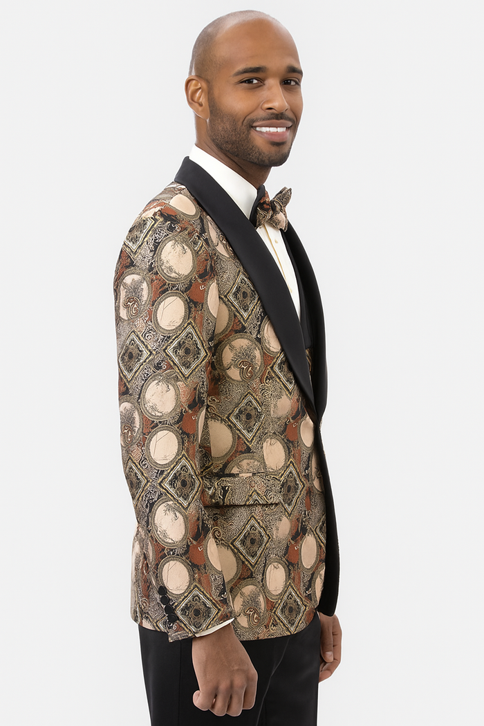 Men's Rust Geometric Pattern Tuxedo with Vest & Bowtie â€“ One Button Formal Suit