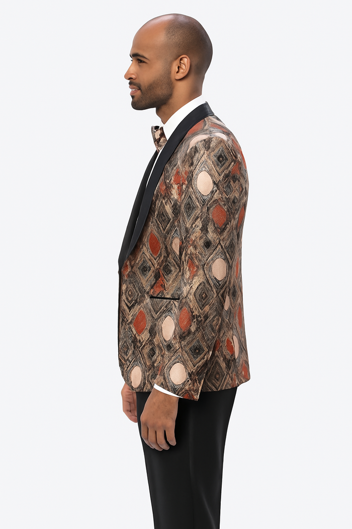 Men's Rust Geometric Pattern Tuxedo with Vest & Bowtie â€“ One Button Formal Suit