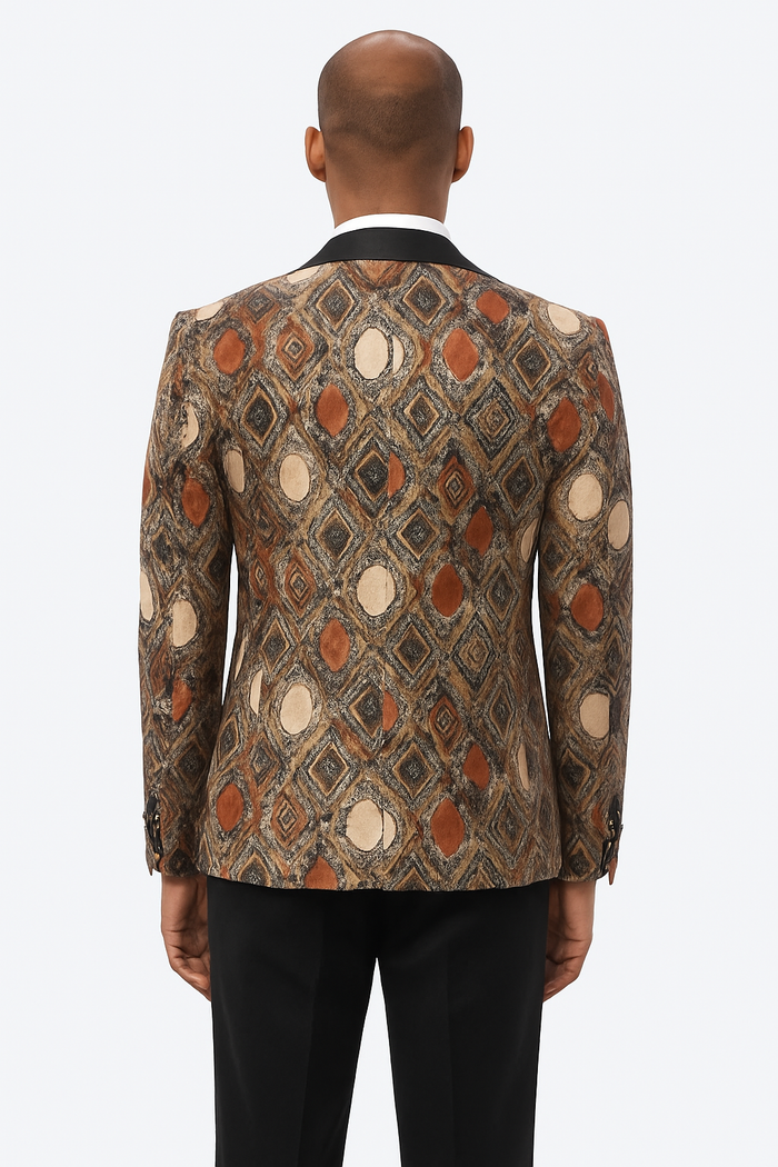 Men's Rust Geometric Pattern Tuxedo with Vest & Bowtie â€“ One Button Formal Suit