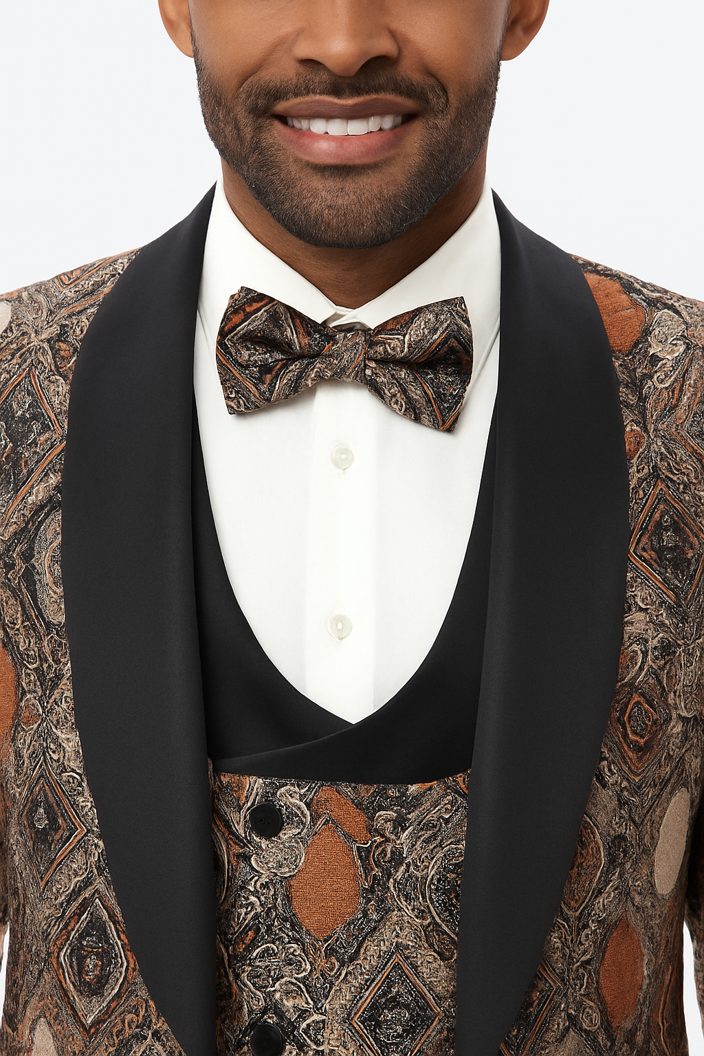 Men's Rust Geometric Pattern Tuxedo with Vest & Bowtie â€“ One Button Formal Suit - 34