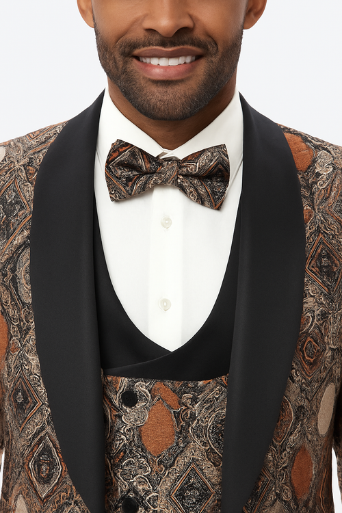 Men's Rust Geometric Pattern Tuxedo with Vest & Bowtie â€“ One Button Formal Suit