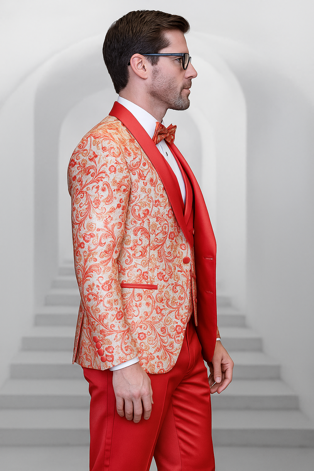 Coral Orange Men's Shiny Paisley Wedding Tuxedo with Double Breasted Vest & Satin Pants - 38 Short