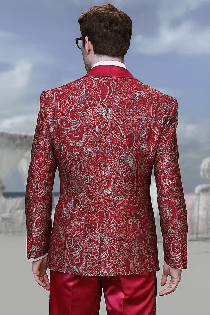 Mens Red Paisley Brocade Prom Tuxedo with Vested Double Breasted Suit - Wedding Ready