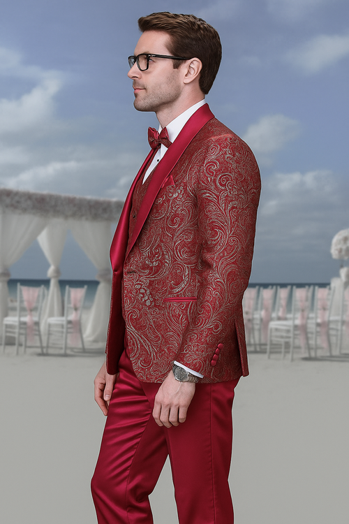 Mens Red Paisley Brocade Prom Tuxedo with Vested Double Breasted Suit - Wedding Ready
